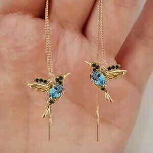 18k Gold Plated Blue Diamond Hummingbird Drop Earrings
